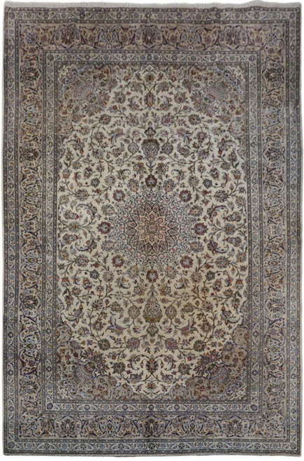 Ivory 8'2 x 12'4 Persian Kashan rug with navy floral medallion and layered borders