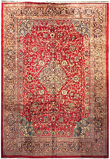 Red Persian Sarouk rug displaying ivory floral vines, indigo border and soft blue central medallion