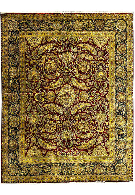 12' x 14'10" burgundy and gold Oriental rug shown flat with navy floral main border