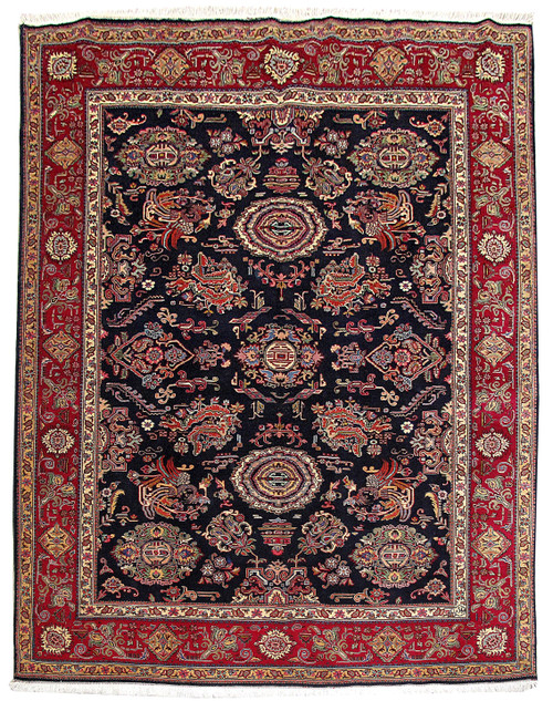 Navy blue 8'5 x 11'2 Persian Tabriz rug with burgundy border and all-over floral design