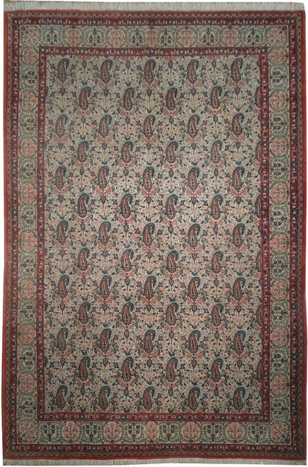 7'7" x 11'5" Persian Qum rug photographed flat, ivory boteh field framed by rose floral border