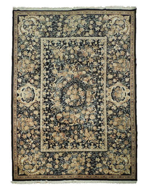 Black Aubusson rug with ivory and gold floral bouquets, taupe acanthus border, full overhead view