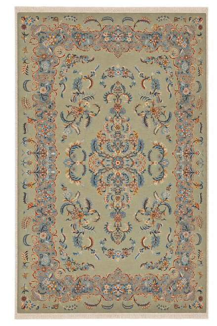 7'9" x 10'7" Persian Kashan rug in sage green with blue floral border and ivory fringe