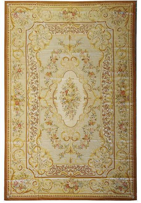 Full overhead view of the 12 x 18 Aubusson flat weave rug with ivory field