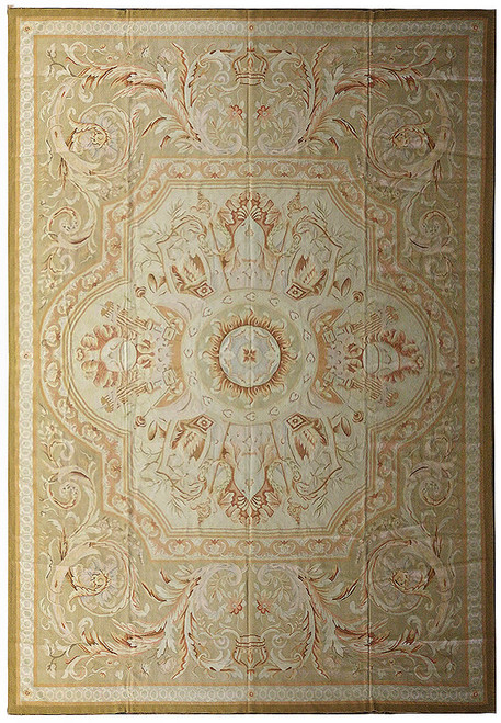 Overhead view of 12x18 Aubusson flat weave rug with sage green field and gold border