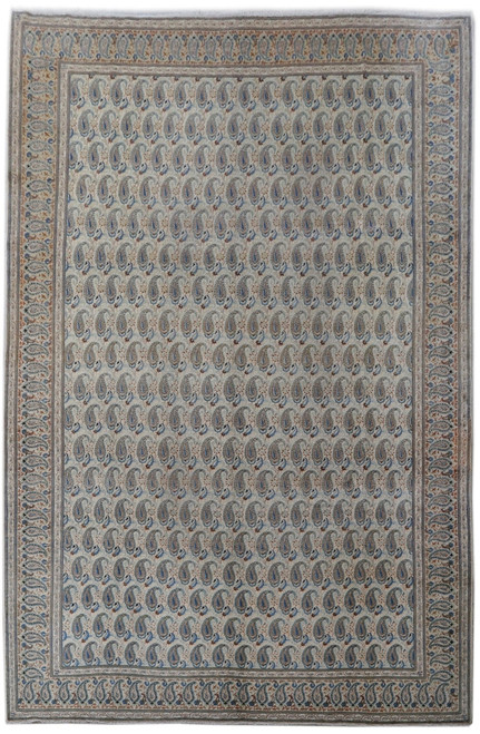 Grey Persian Kashan rug with all-over blue paisley boteh field and ivory floral border