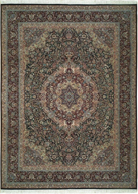 Black field Tabriz design wool rug with syrup brown border and ivory floral medallion