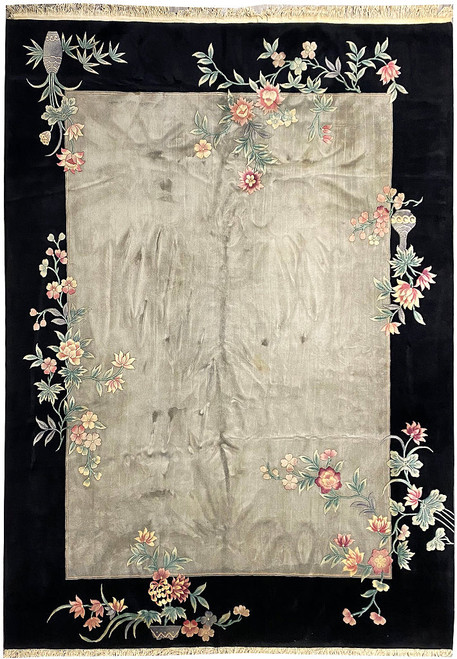 Full overhead view of 11'10" x 14'11" Chinese Art Deco rug, ivory field, black floral border