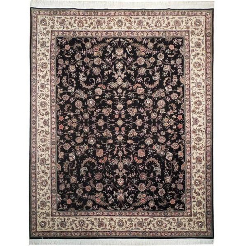 Black and ivory Oriental rug with all-over floral Tabriz design and wide ivory border