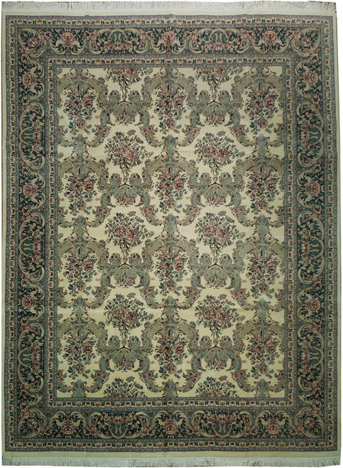 Ivory field Oriental rug with green floral borders and all-over mirrored rose bouquet French country design
