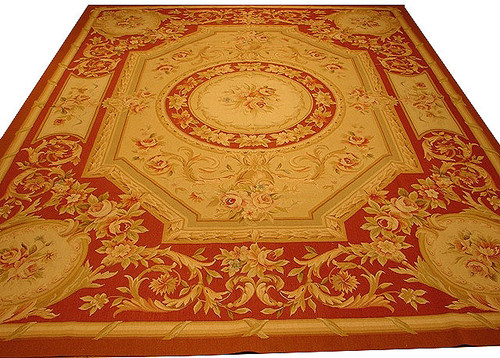 8 x 10 Aubusson flat weave rug with antique red border and gold rose medallion field