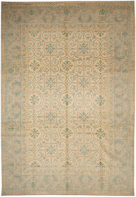 9'9" x 13'7" Oushak rug shown flat, ivory field with soft blue-green lattice and grey border