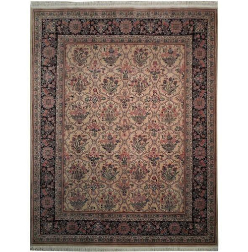 Tan Chinese Oriental rug with black floral border and all over flowering plant field design