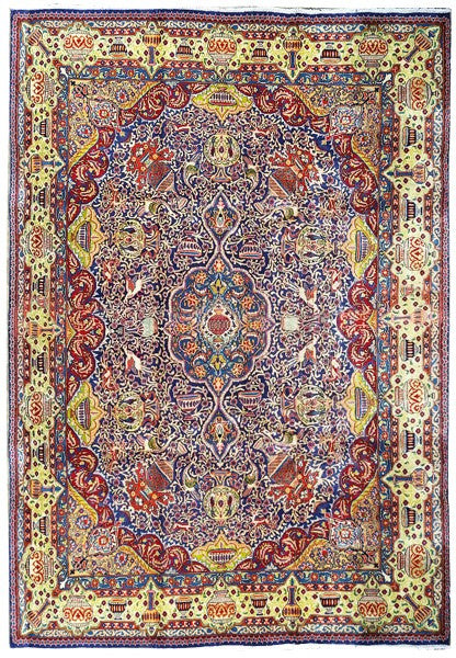 Navy blue field Persian Kashmar rug with rose medallion and pale green vase border