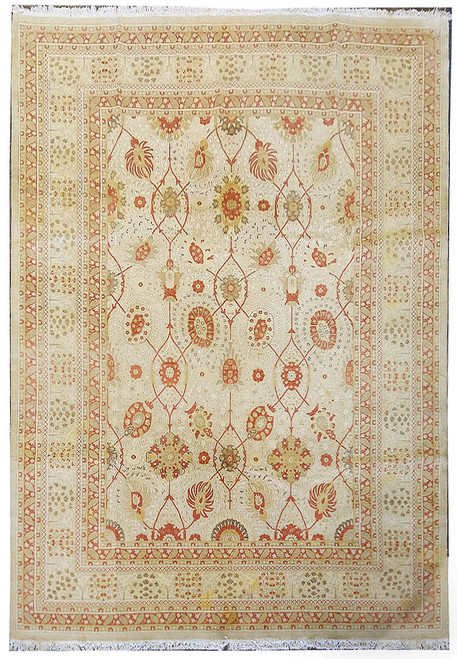 Ivory and beige Peshawar Oushak rug with rust all-over floral vine design and layered borders