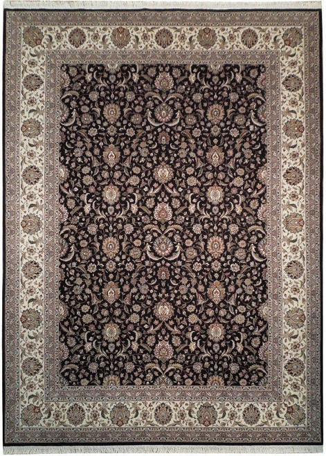 Black and ivory 8'10" x 11'10" wool and silk rug with all-over floral Kashan design