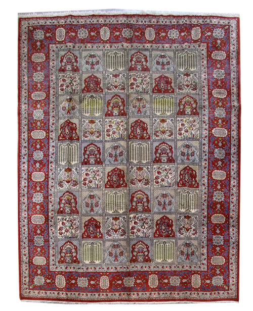 Full view of 9'11" x 13'1" Persian Najafabad rug with red border and garden panel field