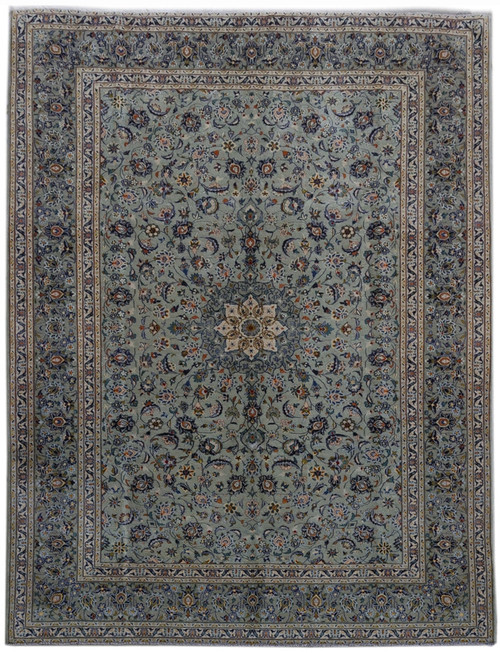 Sage green Persian Kashan rug with ivory rosette medallion and dense all over floral field