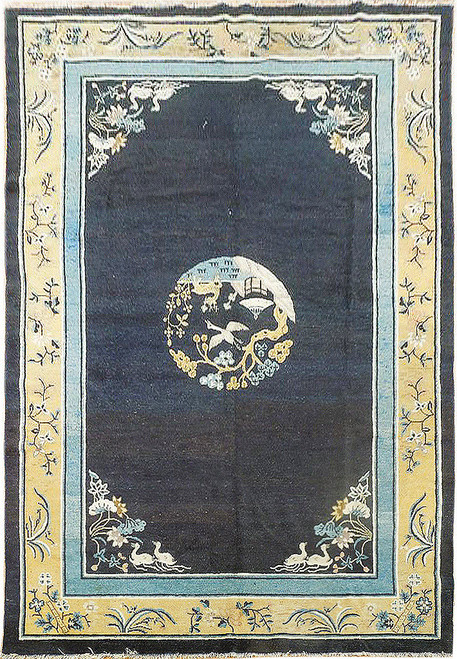 Navy blue Chinese Art Deco rug with tan floral border and central pictorial roundel medallion