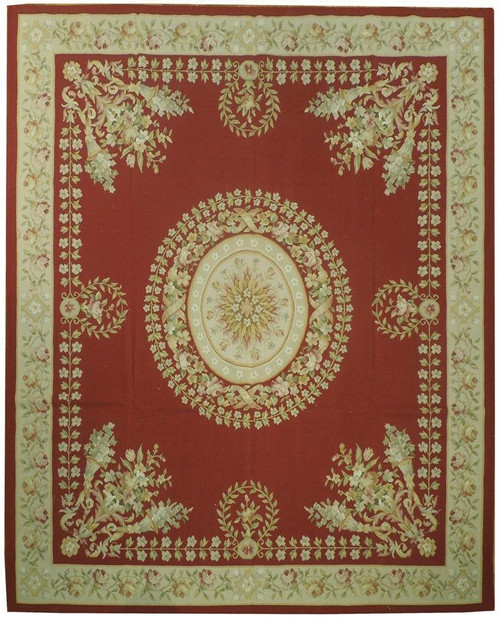 Brick red French Aubusson flat weave rug with ivory oval medallion and rose garland border