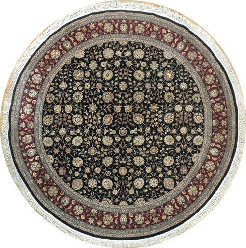 Round 7'2" x 7'2" black Oriental rug with burgundy floral border and ivory fringe
