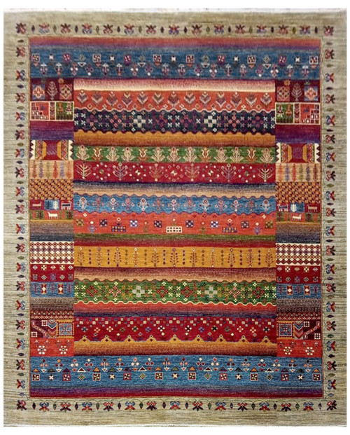 Multi-color Soltani Ziegler rug with striped tribal bands, tree motifs and ivory rosette border