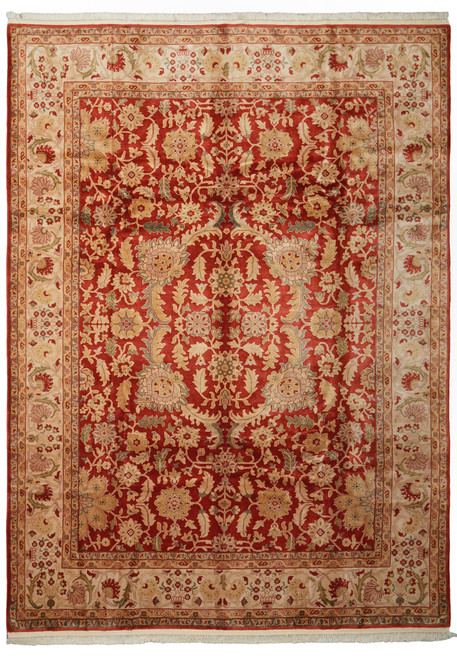 Red field Ziegler Peshawar rug with cream border and gold all over floral vinework, full view