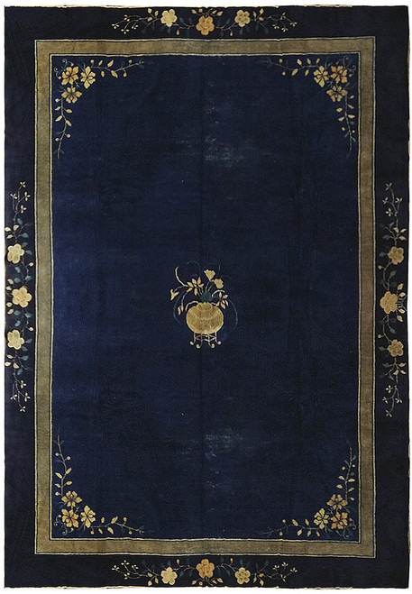 9'2" x 11'5" navy Chinese Art Deco rug shown flat with gold vase medallion and floral border