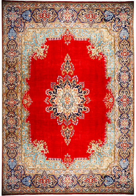 Red open field Persian Sarouk rug with navy floral medallion and light blue corner spandrels