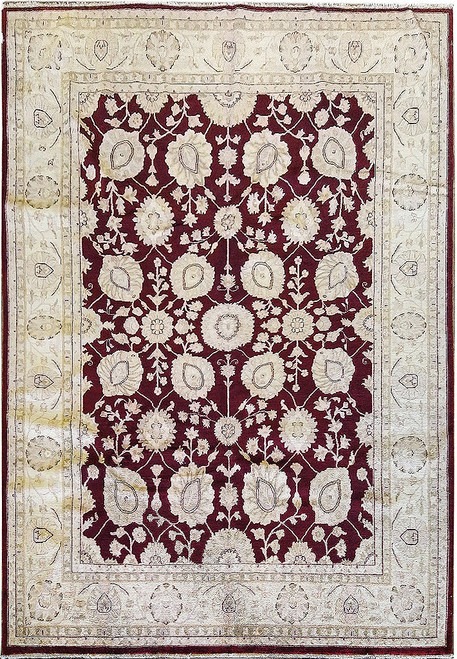 Burgundy Peshawar Ziegler rug with ivory all over floral field and wide cream palmette border