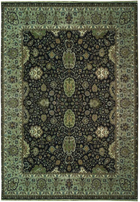 Overhead view of black field Oriental rug with sage green floral border and ivory guard stripes