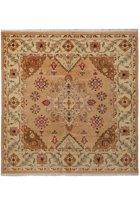 7'11" x 8'1" square Oushak rug with camel field, ivory border and cream center medallion