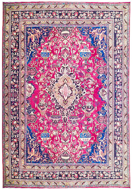 Plum red Persian Kashmar rug with ivory medallion, vase motifs and deep navy floral border
