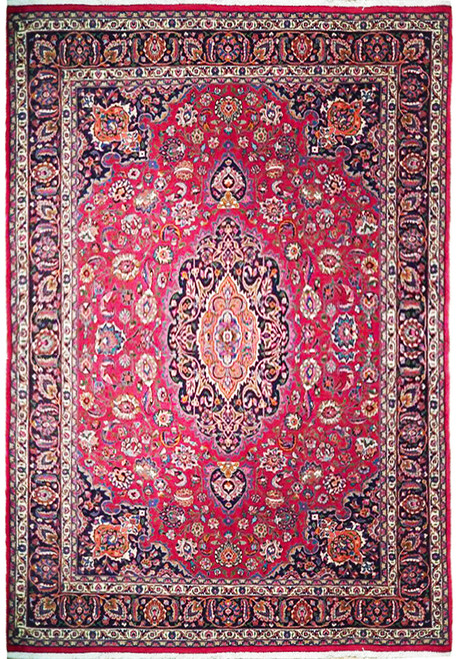 Burgundy Persian Sheik Safi rug with ivory floral border and black medallion, full overhead view