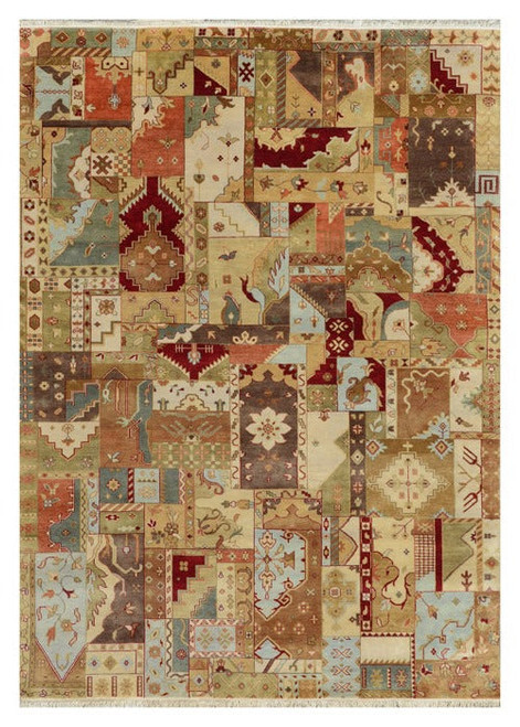 Multi-color patchwork Oriental rug 8'8" x 11'3" full view with ivory, sage and terracotta panels