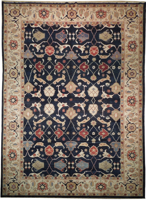 Navy blue Chobi Peshawar Oushak rug with ivory floral border and all over palmette field