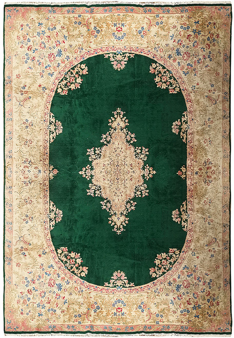 Emerald green Persian Kerman rug with ivory floral border and rose center medallion, 10x17 oversize