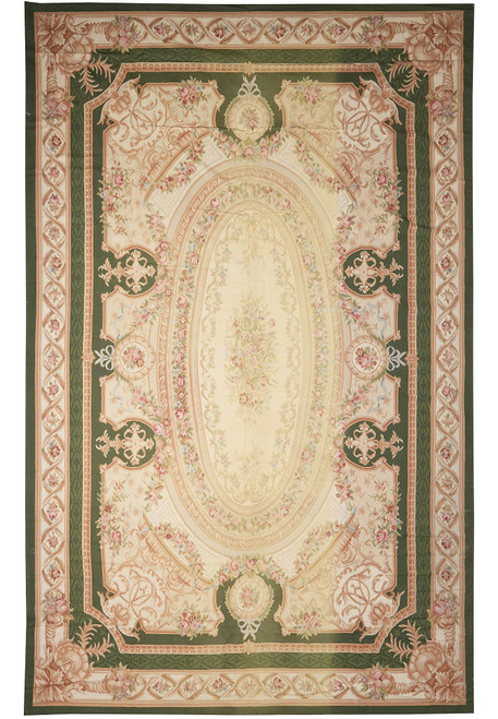 Full view of 12 x 18 ivory and green Aubusson flat weave rug with oval rose medallion