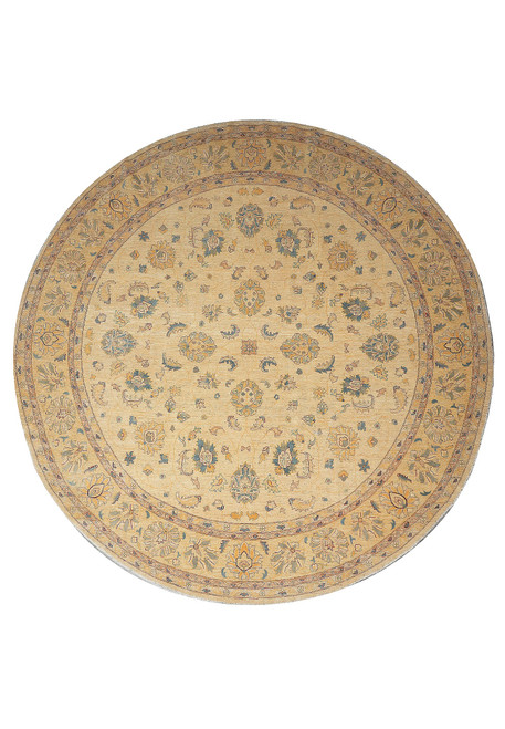 Beige 13' x 13' round Ziegler Chobi rug with all over floral palmette design and gold border