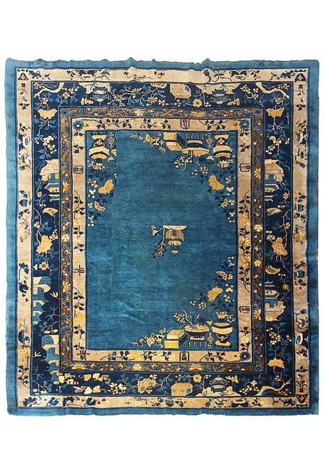 Antique 7x9 Chinese Peking rug with sky blue open field, gold vases and navy pictorial borders