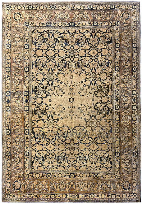 7'4" x 10' antique Persian Tabriz rug shown flat with ivory field and deep navy floral scrolls
