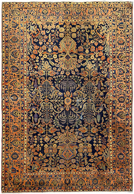 Antique navy Persian Sarouk Mohajeran rug with rust border and all over floral field, 6x9
