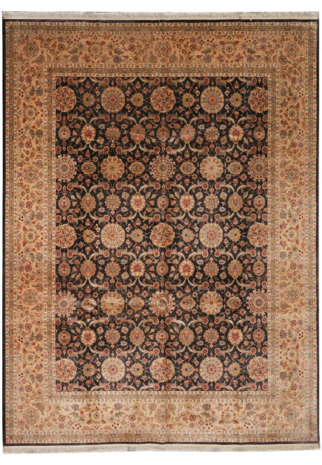 Charcoal black 10x13 Zigler rug with camel floral border and all over rosette field