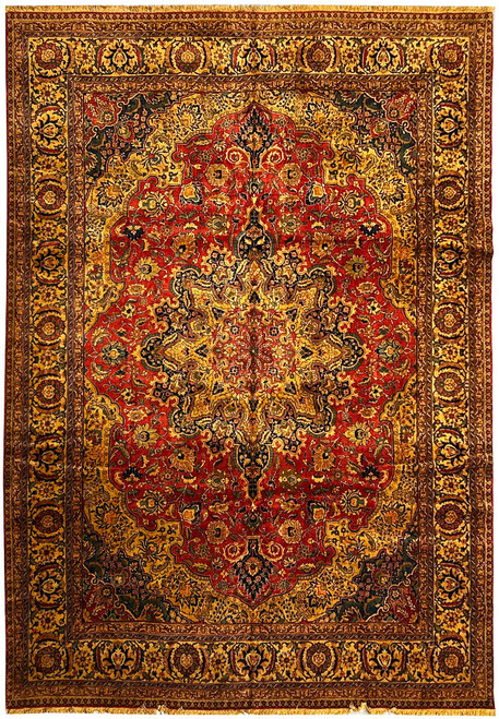 11'3" x 14'6" Persian Tabriz rug shown flat with red field and wide gold border
