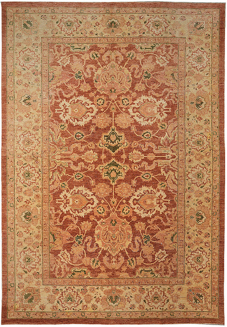 10'3" x 13'9" Peshawar Ziegler rug seen from above, rust field with wide ivory border