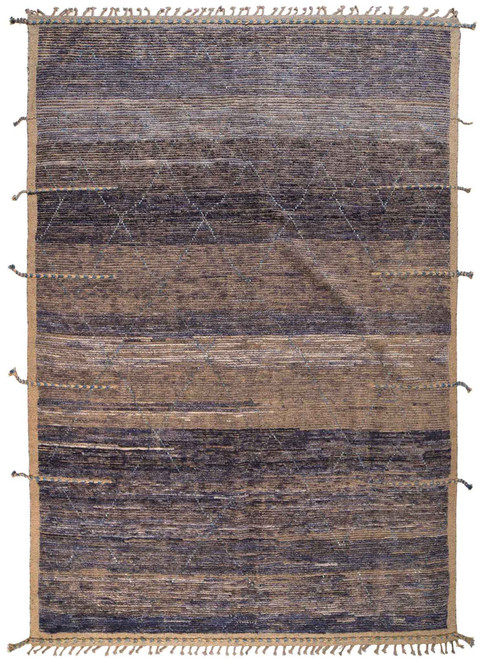 8'1" x 12' hand-knotted Moroccan design rug with indigo, slate and camel brown banded stripes
