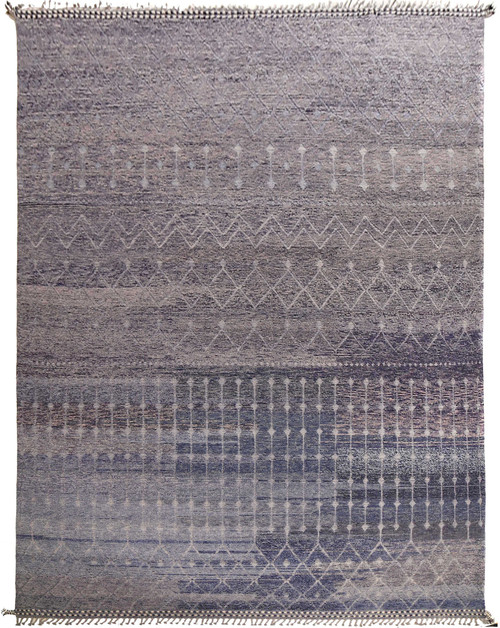 Blue gray Moroccan wool rug with tonal banded diamond, zigzag and dotted tribal patterns