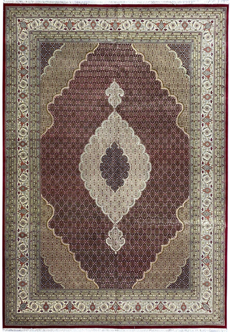 10' x 13'4" hand-knotted Tabriz Mahi rug with ivory medallion on a ruby red field