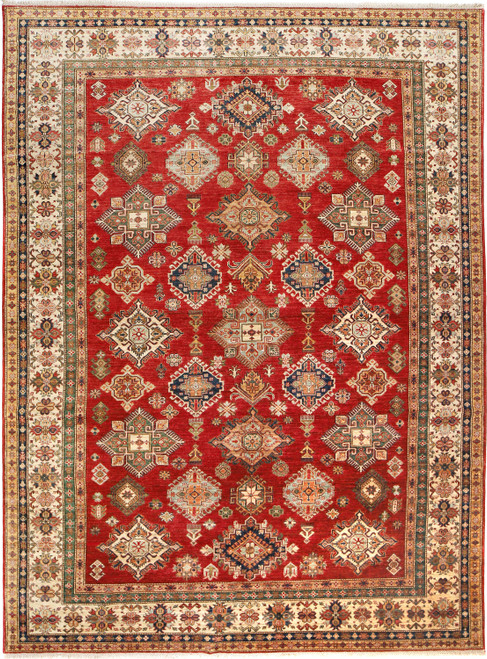 9' x 12'5" Super Kazak rug with tomato red field and rows of ivory diamond medallions