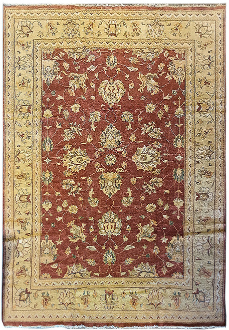12'1" x 14'10" Agra Oriental rug shown flat with rust field and gold floral border